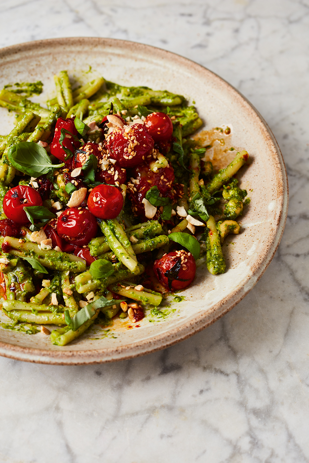 Miso Pesto Pasta Salad with Chilli Crisp Balsamic Roasted Tomatoes